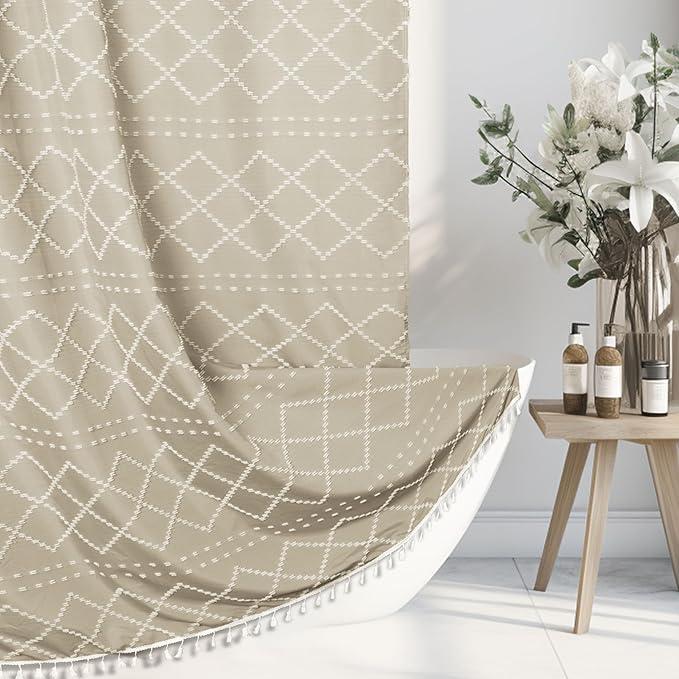 Siiluminisoy Beige Boho Woven Fabric Cute Shower Curtain, 72 x 72 Tufted Chevron Textured Striped Modern Farmhouse Minimalist Cloth Shower Curtain for Bathroom