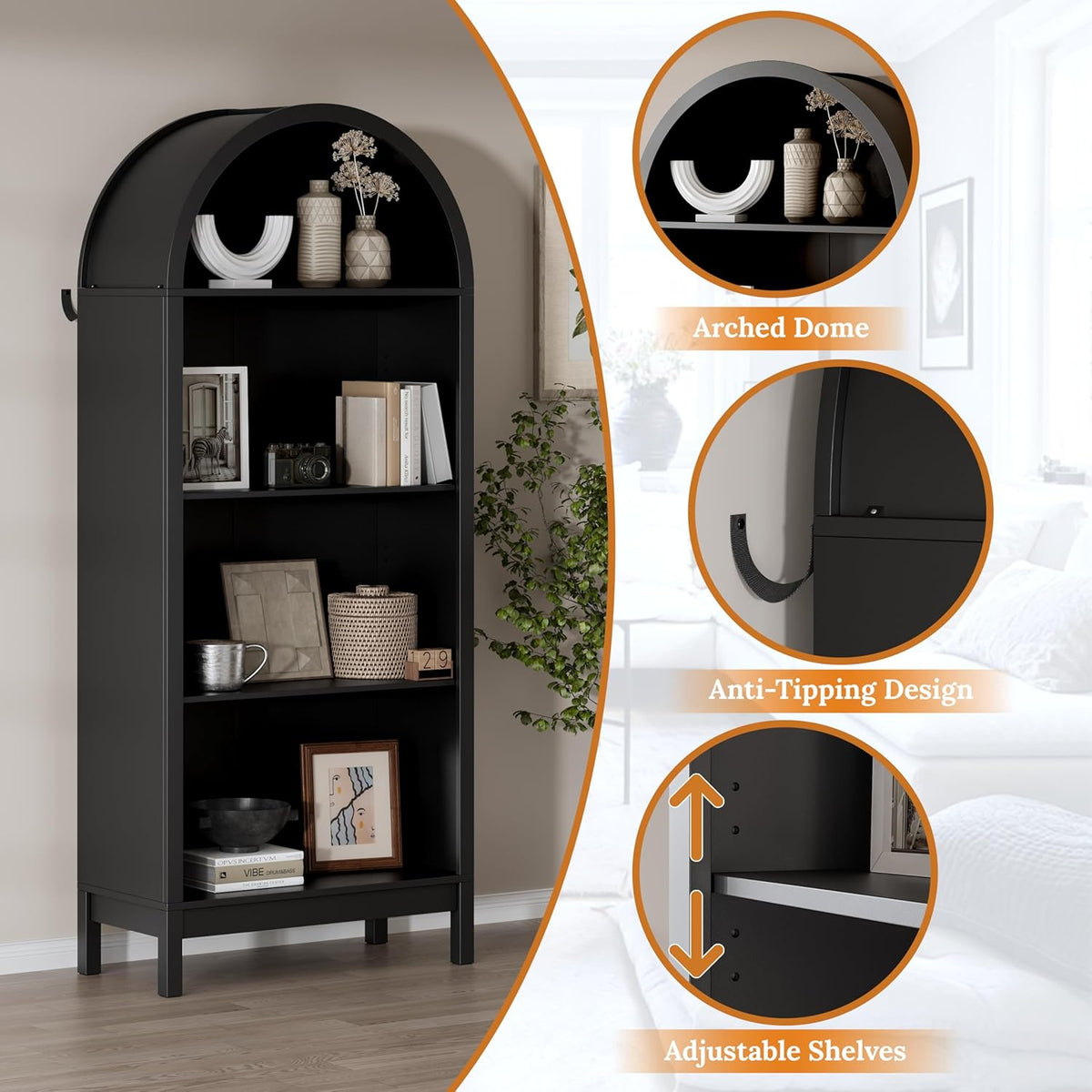 70" Tall Arched Shoe Cabinet, 7-Tier Shoe Rack with 3 Adjustable Shelves, Large Freestanding Shoe Organizer for Entryway, Closet, Hallway, Living Room (Midnight Black)