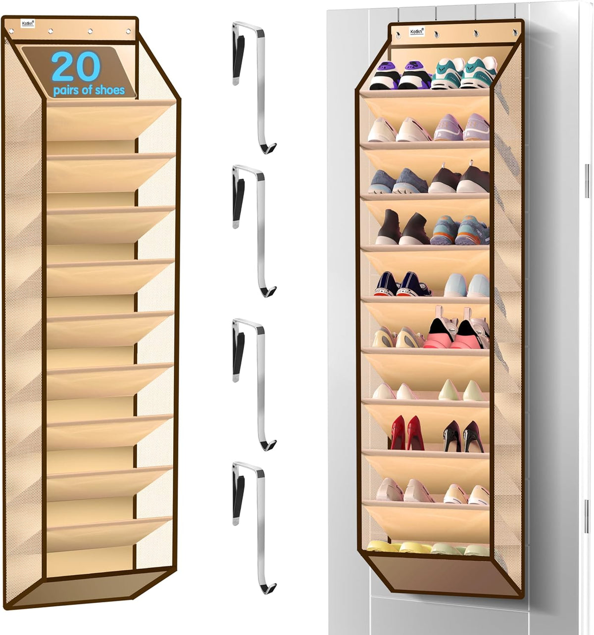 10 Tier Over The Door Organizer - Heavy Duty Hanging Storage Rack with Sturdy Oxford Fabric, Holds 20+ Pairs of Footwear, Boots & Sneakers, Saves 50% Closet Space(Beige)