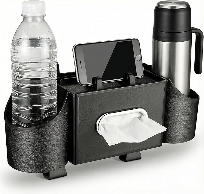 Ciieeo 4 in 1 Backseat Car Organizer with Cup Holder Tissue Box and Hooks Multifunctional Seat Back Storage Box for Road Trip Travel Accessories Universal Auto Headrest Holder