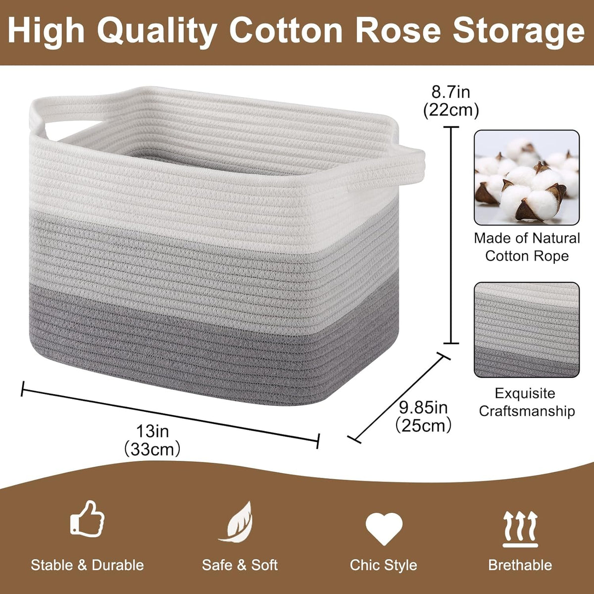 Storage Basket for Organizing, Woven Baskets for Storage, Rectangle Decorative Baskets for Shleves, Closet, Toys, Books, Nursery Organizer Bins - Pack of 3 (Gradient Gray, 13"x9.85"x8.7")