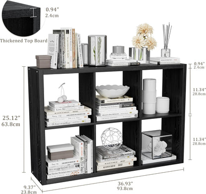 Cube Storage Organizer Bookcase, Decorative 11 inch Open Back Cubical Shelf with Thickened Border, Display Bookshelf for Living Room, Home Office, Sturdy Room (Black, 6 Cube)