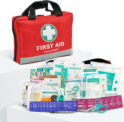 General Medi First Aid Kit -309 Pieces- Reflective Bag Design - Including Bandages, Moleskin Pad and Emergency Blanket for Travel, Home, Office, Car, Camping, Workplace