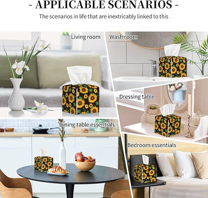POIUBLE Sunflower Tissue Box Cover Leather Tissue Box Holder Square Facial Paper Organizer Dispenser for Bathroom Kitchen Bedroom Vanity Countertop Night Stands