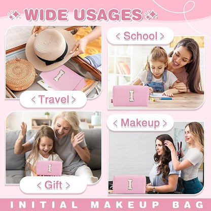 Small Personalized Initial A-Z Patch Makeup Bag,Pink Cute PU Leather Glitter Letter Cosmetic Bag for Teen Girls,Travel Toiletry Bag with Zipper,Preppy Monogrammed Birthday Gift for Daughter Niece I