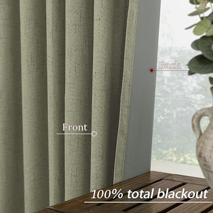 KOUFALL 52x72 Inches Long Sage Green Back Tab Linen Blackout Curtains