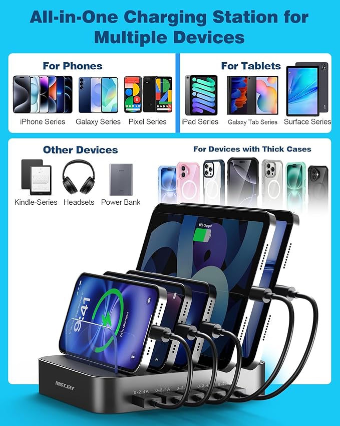 MSTJRY Charging Station for Multiple Devices : 5 Port Multi USB-A Charger