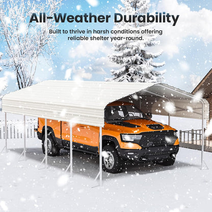 12x20ft Heavy Duty Metal Carport – Outdoor Galvanized Garage, Sturdy Structure, All-Weather Protection, Easy Assembly for Cars, Trucks, Boats, Tractors, and Outdoor Storage (White, 12x20FT)