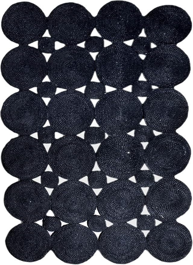 Scalloped Edge Rug, Hand Woven Natural Jute Area Rug, 8x10 Ft Black Braided Sisal Kilim Rugs for Living Room, Kitchen, Entryway, Farmhouse