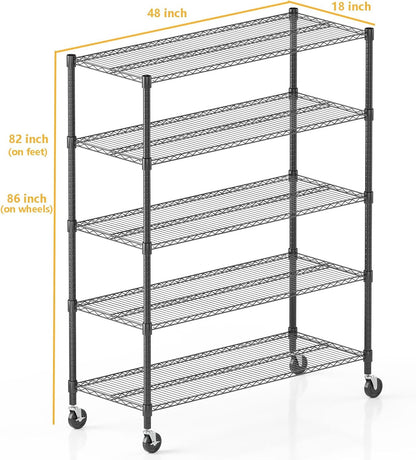 Himimi 82" H Storage Shelves 5 Tier Metal Shelving Adjustable Wire Shelf with Wheels, Heavy Duty Shelving for Garage Kitchen Pantry Bathroom Laundry,18" D*48" W*82" H, Black