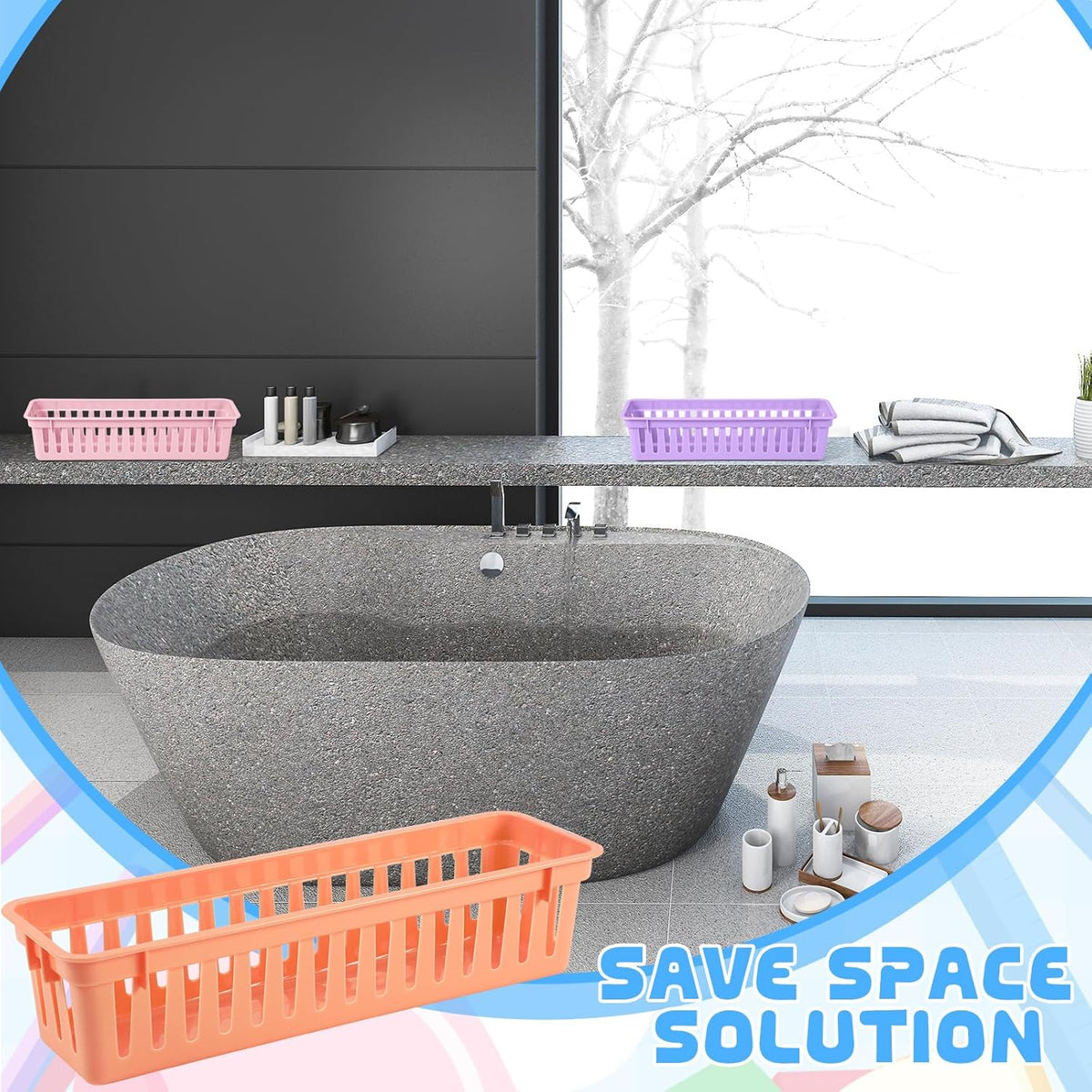 6 Pcs Morandi Slim Plastic Storage Baskets Tray 10 x 3 x 2.5 Inch Compact Stackable Desk Organizer for Office, Classroom, School Supplies, and Home Storage, Organization(Morandi)