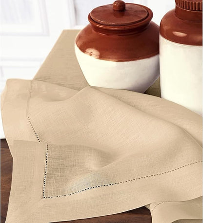 Solino Home Linen Napkins Set of 4 - Classic Hemstitch 100% Pure Linen Beige Dinner Napkins Cloth 20 x 20 Inch for Spring, Easter - Handcrafted and Machine Washable