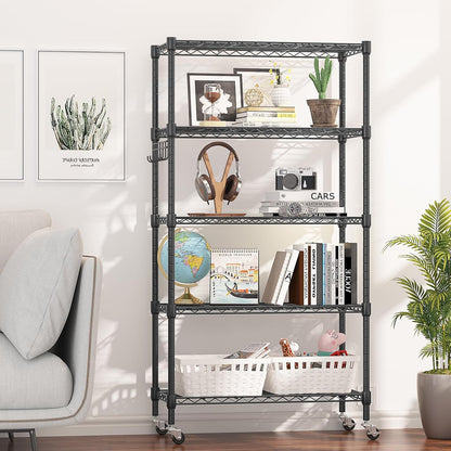 Himimi 5-Tier Storage Shelf Wire Shelving Unit on Wheels Heavy Duty Metal Shelves Adjustable Steel Rack Organization for Kitchen Garage Basement, Black