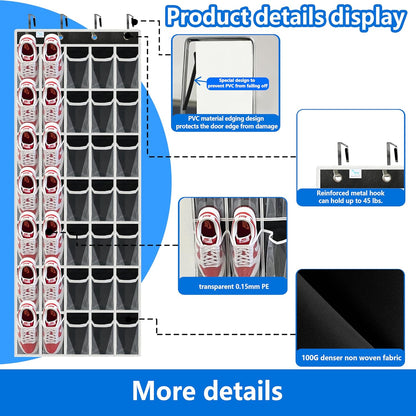 over the door shoe organizer,2025 upgraded,over door shoe organizer,35 Huge clear pockets,Store size 13 shoes,shoe organizer,Strong material,hooks Suitable for various doors,Black