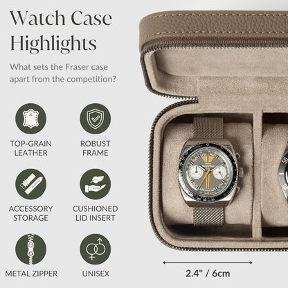 TAWBURY Luxury Leather Watch Box Unisex – Mens Travel Watch Case Zipper Closure | Taupe Top-Grain Genuine Leather Watch Travel Roll | Real Leather Watch Boxes for Men Travel | 3 Watch Carrying Case