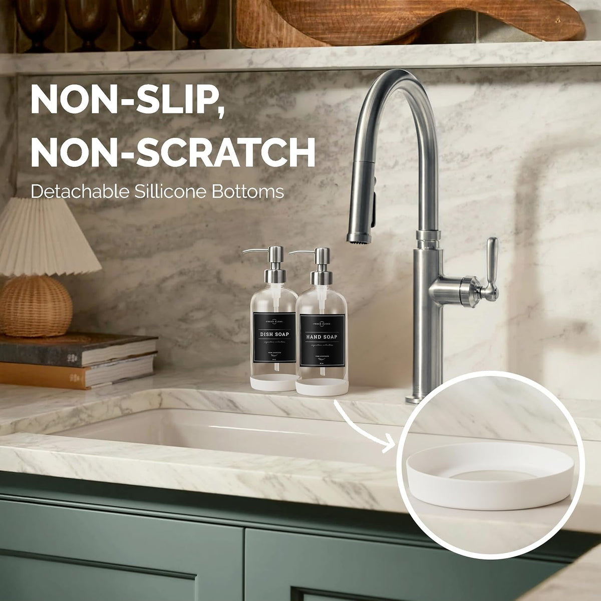 Vine Creations Clear Glass Soap Dispenser, 2 Pack Kitchen Soap Dispenser Set with Stainless Steel Pump, 16 oz Hand Soap or Dish Soap for Bathroom or Kitchen with Waterproof Labels