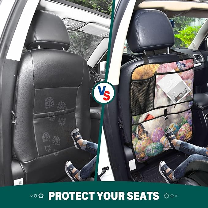 1 Pack Back Seat Car Organizer with Storage Pockets Kick Mats Back Seat Protector Hanging Car Organizer Automotive Seat Back Cover Organizers Easter Bunny Eggs Sunlowers