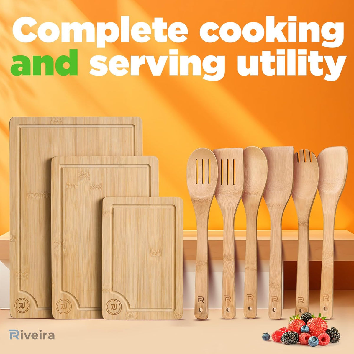 Riveira Bamboo Cutting Boards For Kitchen with Wooden Spoons For Cooking – Set of 3 Pcs Wooden Cutting Board & 6 Bamboo Spoons – Wooden Cutting Boards For Kitchen – Complete Wooden Cooking Utensils