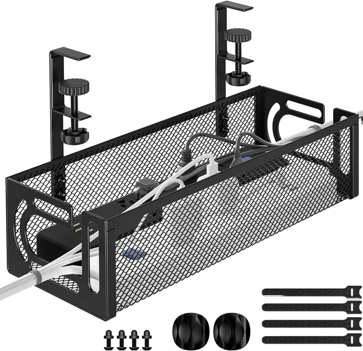 Under Desk Cable Management Tray, 15.7'' No Drill Steel Desk Cable Organizers, Wire Management Tray Cable Management Rack (1 Pack-Black)