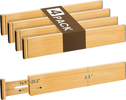 Bamboo Drawer Divider Set of 4, Adjustable Spring-Loaded Drawer Organizer (16.9"-22.2"), 2.3" Height, Suitable for Kitchen, Desk, Bathroom, Clothing, and Miscellaneous Drawer Organization, Natural