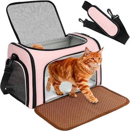 DSDCDJ Cat Carrier Dog Carrier - Soft-Sided Cat Carrier with Plush Pad & Cooling Mat, Easy-Load 4-Side Zipper & 3-Side Mesh Ventilation, Pet Carrier Airline Approved for Cats/Dogs Up to 20 lbs, Pink