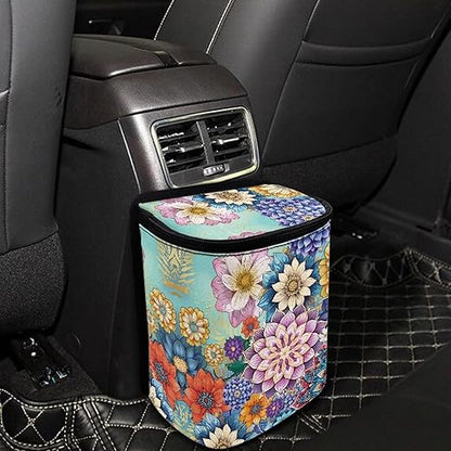 DISNIMO Boho Floral Car Trash Can Easy-to-Install Car Accessory Interior, Leak-Proof Car Garbage Can Bin Organizer Storage Bag for The Back Seat of Any Cars, Sedans, SUVs & Trucks