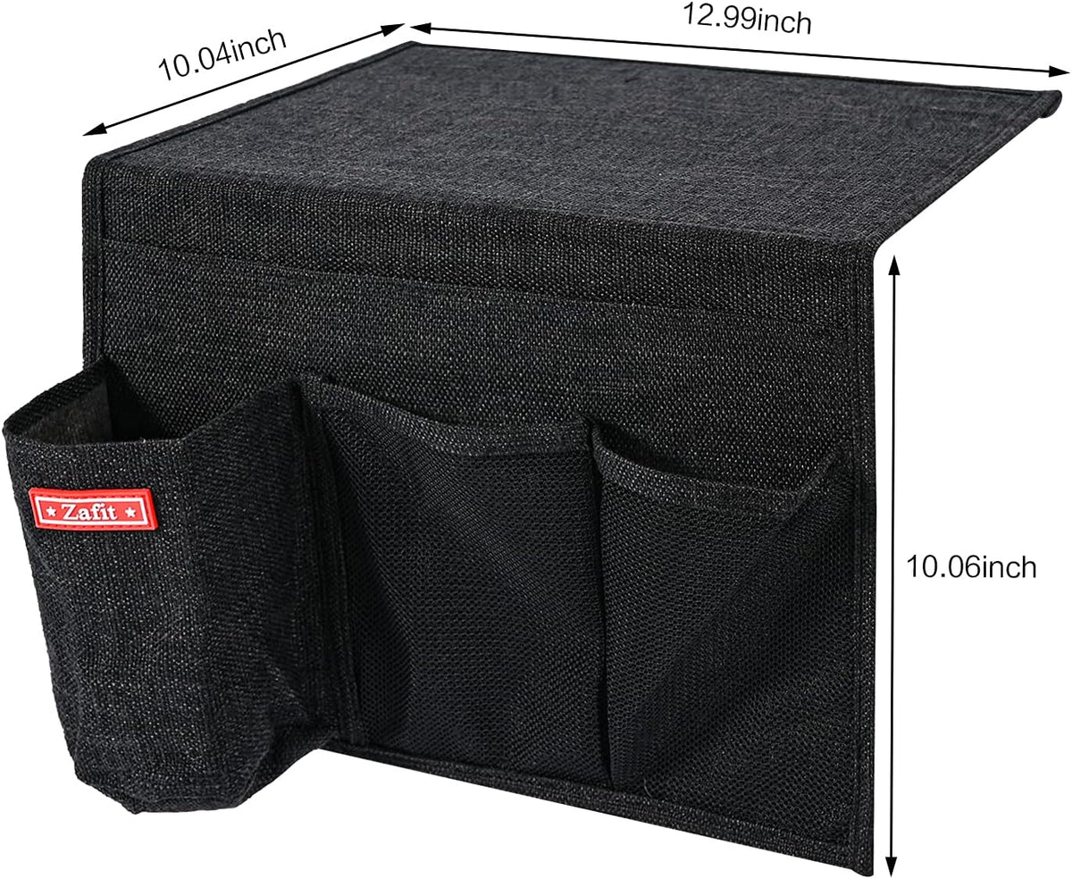 Linen 4 Pockets Bedside Caddy, Bedside Storage Organizer with Water Bottle Holder for Magazine, Remotes, Phone (Black)