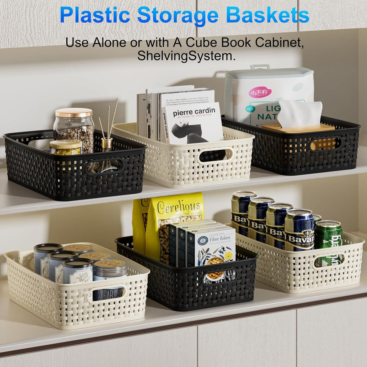 Black Plastic Basket, 8 Pack Home Organization and Storage Baskets with Handles, Space Saving Woven Organizer Bins Plastic Storage Basket for Organizing Cabinets,Closets, Shelves, Countertops