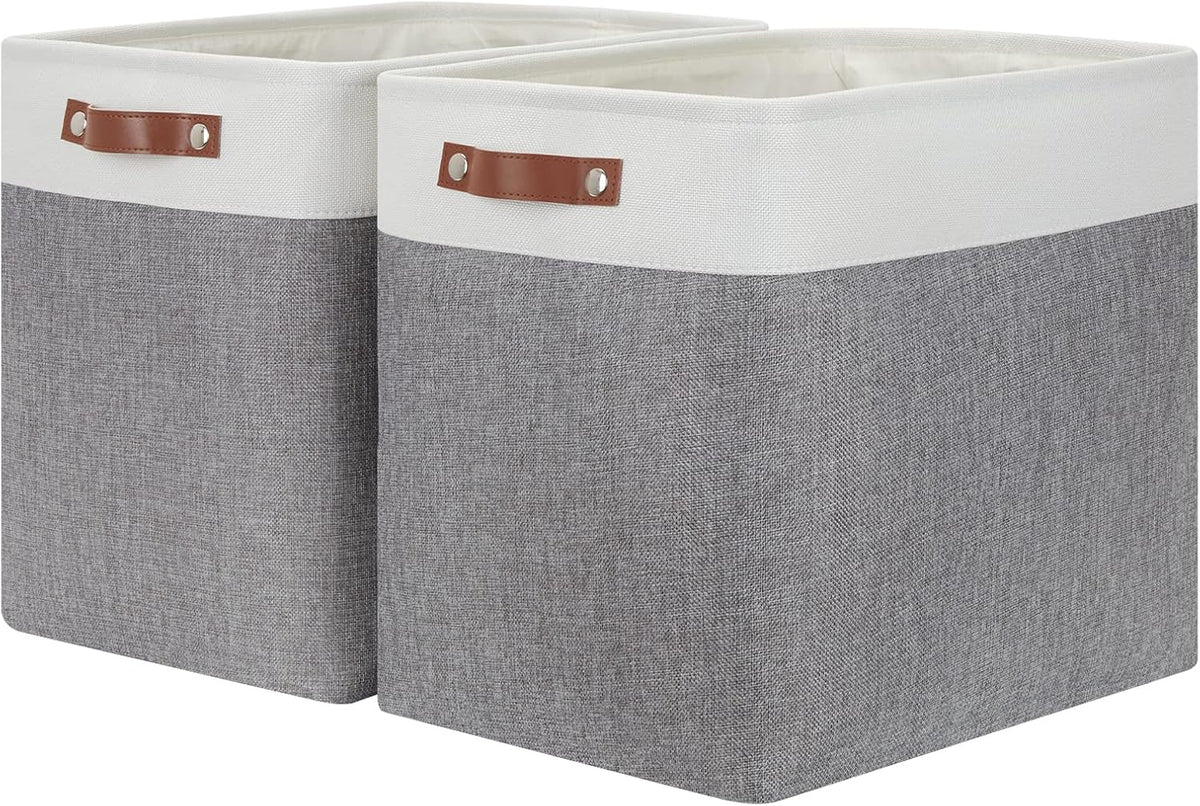 HNZIGE Large Storage Baskets Rectangular Storage Bins Baskets for Organizing [2 Pack] Tall Shelf Baskets with Handles, Decorative Organizer for Storage Home, Closet (White Grey)