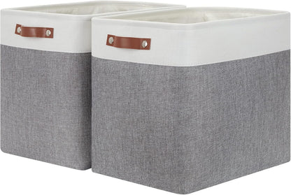 HNZIGE Large Storage Baskets Rectangular Storage Bins Baskets for Organizing [2 Pack] Tall Shelf Baskets with Handles, Decorative Organizer for Storage Home, Closet (White Grey)