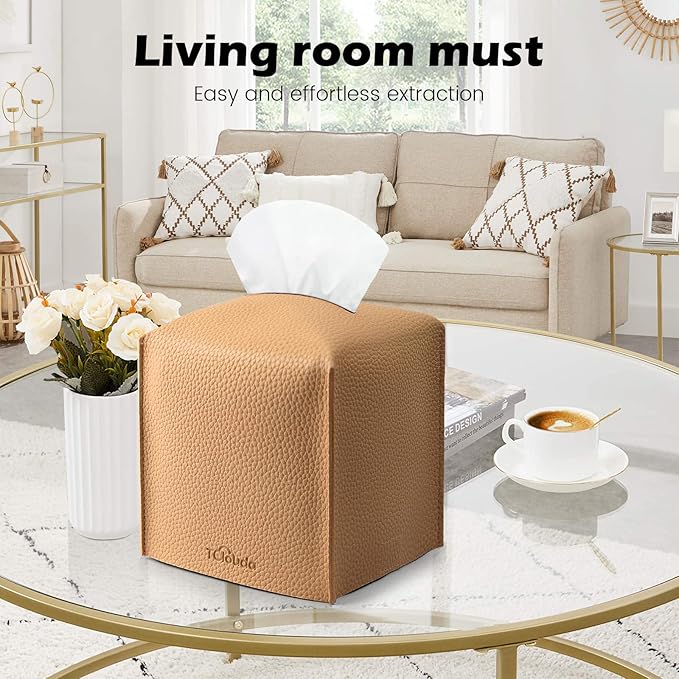 Tissue Box Cover, Tclouda, Modern PU Leather Square Tissue Box Holder for Creative Decorative, Ideal for Bathrooms/Office/Car/Nightstand/Outdoor Tent/Dining Table, 5"X5"X5", Single Claybank