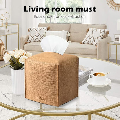 Tissue Box Cover, Tclouda, Modern PU Leather Square Tissue Box Holder for Creative Decorative, Ideal for Bathrooms/Office/Car/Nightstand/Outdoor Tent/Dining Table, 5"X5"X5", Single Claybank