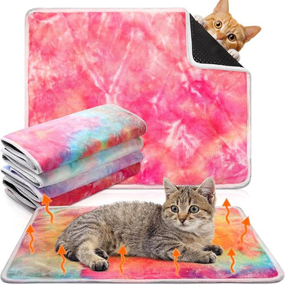 Clysee 4 Pack Self Heating Cat Bed Cat Self Warming Pad with Removable Cover Extra Warm Thermal Pet Pad Washable Pet Crate Mat Anti Slip Kennel for Indoor Outdoor Pets(Tie Dye,16 x 20 Inches)