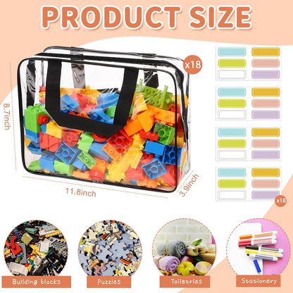 18 Packs Large Toy Storage Bags with Labels, Waterproof Clear Pvc Storage Bags for Toys, Travel Organizer Bags with Zipper Closure for Puzzles, Building Blocks, Kids' Books