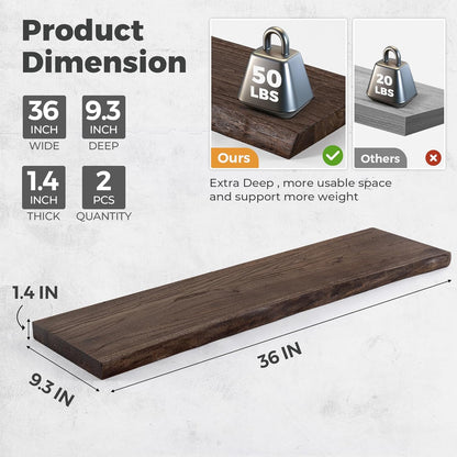 Live Edge Elm Floating Shelves For Wall - 36" W x 9.3" D Rustic Solid Wood Shelves with Invisible Bracket, Wall-Mounted Storage & Display Shelf for Living Room Bedroom Kitchen, Set of 2, Walnut