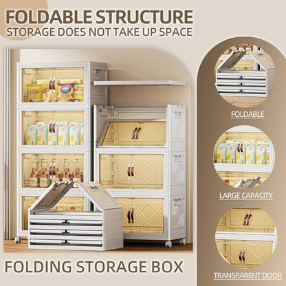 340 QT / 85 Gal Magnetic Door Storage Bins Collapsible Stackable w/1 Lid, Heavy Duty Plastic Cabinet with Wheels for Home Office Organization (White)