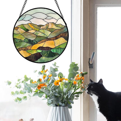 AMDERVEN Stained Glass Window Hanging 4 Pcs Set Mountain River Landscape 7.8"