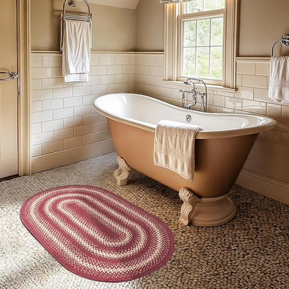 Homespice Autumn Maple Jute Braided Oval Rugs 27x45 - Burgundy and Tan Primitive Kitchen Rugs for Country Decor