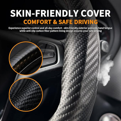 Carbon Fiber Steering Wheel Cover, Universal 15 Inch Snap On Car Steering Wheel Cover for Men/Women, Comfortable & Breathable Microfiber Car Accessories Interior (Black)