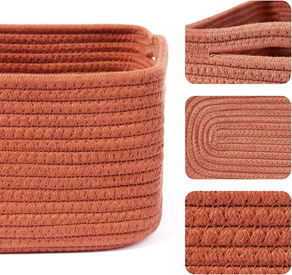 Small Storage Baskets for Organizing | Closet Organizer Bins | Shelf Toy Basket | Woven Rope Baskets | Cube Decorative Box | Shallow Basket | 13x8.5x5.1” | 3 Packs Oxide Red