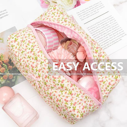 Cozy Makeup Bag Travel Cosmetic Bag for Women Soft Toiletry Bag Aesthetic Makeup Organizer Portable Large Zipper Pouch for Skincare Beauty Accessories Brushes Floral Pink