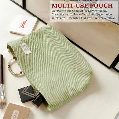 HAPPYHEIDI Fresh Green Corduroy Makeup Bag with Compartment Cosmetic Toiletry Travel Pouch, Make Up Accessory Purse Organizer, Canvas Lined