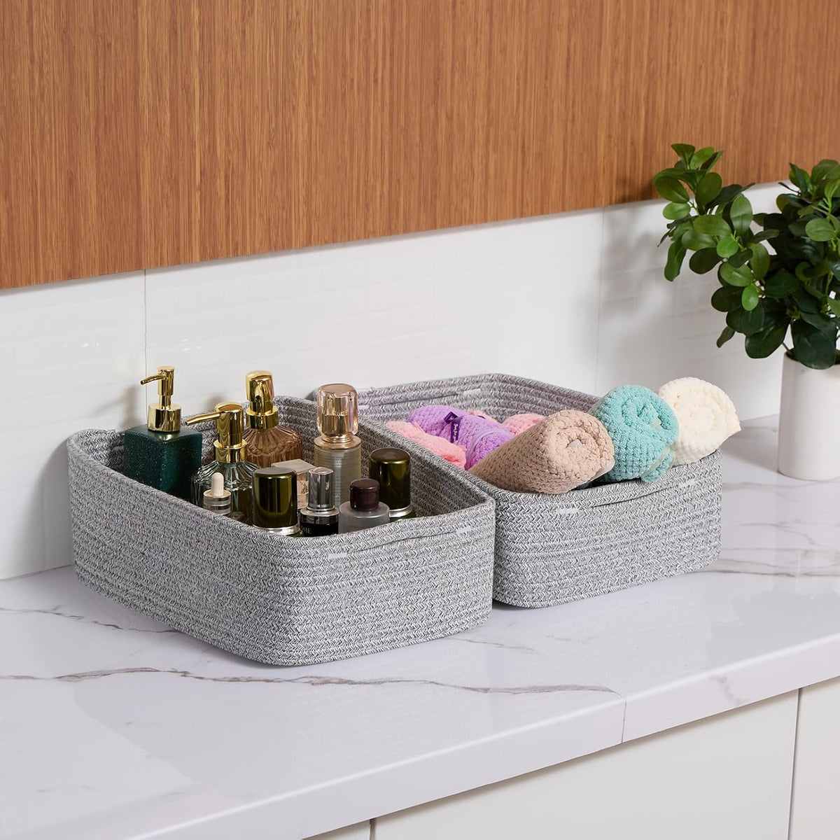 Large Shallow Organizing Baskets 15x11x5.1 Inches - Rope Woven Storage Bins for Bathroom, Shelves, Cube Closet, Mixed Grey 4 Packs