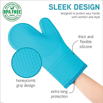 COOK WITH COLOR Silicone Oven Mitts- Heat Resistant Gloves with Soft Quilted Lining Oven Mitt Pot Holders for Cooking and BBQ, Teal, Mitt Set
