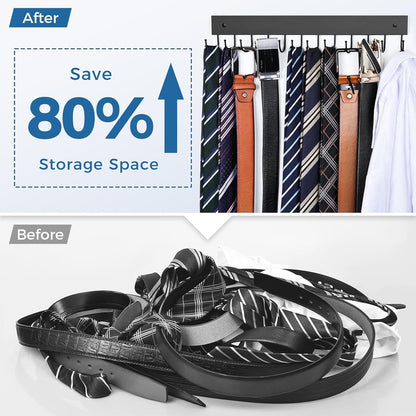 Belt Hanger Wall Mounted, Wooden Belt Organizer Max 12 Storage Capacity, 180° Rotating Space Saving Hangers for Ties, Tank Tops, Scarves, Bras, Keys, Bags 1 Pcs Black