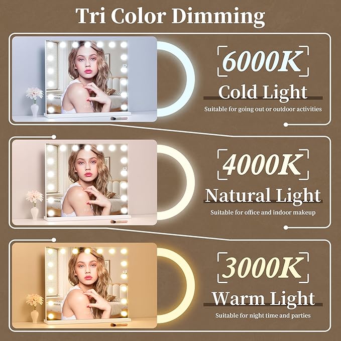 Vanity Mirror with Lights, Makeup Mirror with 17 Dimmable LED Bulbs, 3 Color