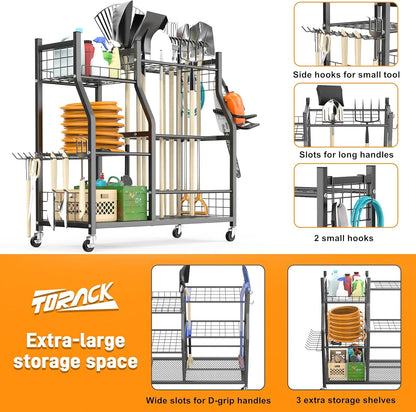 TORACK Garden Tool Organizer with Wheels, Rakes Shovels Yard Tools Stand for Garage, Shed, Garden, Indoor/Outdoor Long-Handled Tools Cart