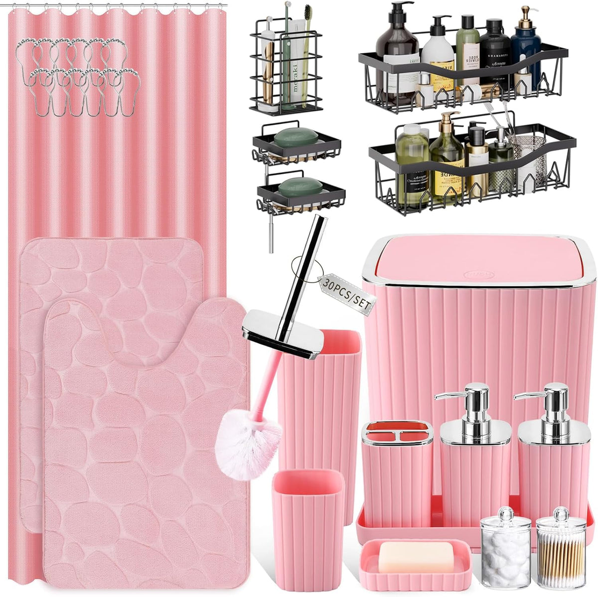 30PC Bathroom Accessories Set - Gorgeous Pink Bathroom Set, Bathroom Accessory Set, Pink Shower Curtain Set with 5PC Shower Caddy