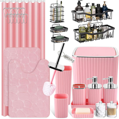 30PC Bathroom Accessories Set - Gorgeous Pink Bathroom Set, Bathroom Accessory Set, Pink Shower Curtain Set with 5PC Shower Caddy