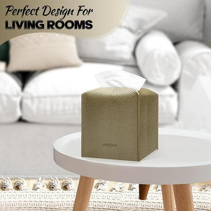 Tissue Box Cover Holder, PU Leather Tissue Box Cover Square with Bottom Belt, Cube Tissue Holder for Bathroom, Modern Organizer for Car, Office, Tabletop (Gold)
